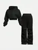 Moda Casual Europea y Americana Transfronteriza Primavera y Otoño para Mujer Crop Top Sudadera Holgada con Capucha Traje Deportivo Chaqueta y Pantalón