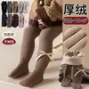 Leggings grossos de inverno forrados com fleece para bebês meninas com laço, Meia-calça térmica canelada de algodão para crianças