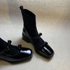 Edición Lanci~Botas Elásticas Ajustadas de Charol con Lazo Dulce y Fresco para Mujer, Punta Cuadrada, Efecto Adelgazante, Tacón Grueso, Botas tipo calcetín de Cuero Negro Suave