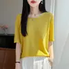 2026 Primavera e Verão Novo Estilo Malha Tencel Lyocell Borda Enrolada Gola Redonda Manga Curta Feminina Cor Lisa Recorte Top Camiseta