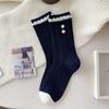 Calcetines Azul Marino a Media Pantorrilla para Mujer con Encaje de Botón, Calcetines Holgados Simples Estilo Coreano con Moño, Calcetines de Algodón Puro