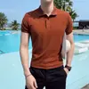 Camiseta Polo Masculina de Malha Respirável de Seda Gelada Listrada de Manga Curta Versátil Confortável Verão 2024