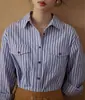 Camisa de manga comprida com bolso duplo em pó de feijão feminina primavera nova lapela francesa retrô elegante top