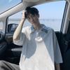 Polo Xadrez com Lapela Camiseta de Manga Curta Masculina Verão Solta Casual Manga Média Retrô Versátil Camiseta de Manga Três Quartos
