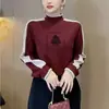 Top de moda con bloques de color y cuello semi-alto de manga larga para mujer, nueva moda de otoño e invierno, camisa básica casual holgada adelgazante para mamás