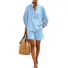 Comercio Exterior Ropa de Mujer Verano Nuevo Traje de Lino Estilo Old Money Camisa de Cuello Alto Suelto y Pantalones Cortos Conjunto de Dos Piezas Venta al por Mayor Transfronteriza