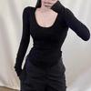Rayon undershirt básico decotado manga comprida apertado slim fit engrossado grande u-neck T-shirt top outono e inverno roupas femininas
