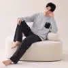 Algodón PuroPijama para Hombre Primavera y Otoño Cuello Redondo Manga Larga Pantalón Largo Adolescente Casual Ropa para el Hogar Conjunto de Dos Piezas