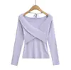 2561-25 Novo Estilo Outono Amarração Gola Halter Manga Longa Malha Fina Francesa Puro Brilho Sexy Cruzamento em V