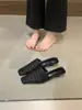 Mules Cuadrados de Tacón de Aguja Estilo Francés para Mujer, Súper Populares en Verano, Adecuados para Usar con Faldas, Mules Calados Tejidos de Lino