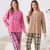 Temporada de calças compridas confortável pele comércio exterior gola redonda pijama feminino outono algodão pode ser usado fora blusa de frio estilo roupas de casa primavera outono manga longa casual