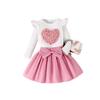 Traje de Otoño e Invierno para Niñas Europeo y Americano Transfronterizo Top de Manga Larga con Manga Mariposa y Lazo Falda Plisada Conjunto de Dos Piezas