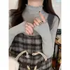 Camiseta básica de punto con volantes para mujer con cuello semi-alto, adecuada para primavera, otoño e invierno, nuevo modelo 2026, top amarillo de manga larga
