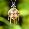 Pingente Quadrado Azul Queimado de Calcedônia Banhado a Ouro Prata S925 Estilo Corte Retro Pingente com Borla Xiangyun Esmaltado Feminino