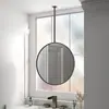 Espejo Redondo Colgante de Techo con Barra Metálica Suspendida, Marco Negro, Iluminación Superior, Espejo Fijo para Baño