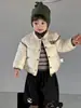 Nuevo conjunto de ropa interior con relleno de plumón para otoño e invierno para niños, con un elegante suéter a rayas y leggings forrados de polar, un atuendo de tres piezas