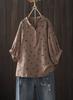 Camisa de punto artística estilo japonés con cuello en V, estampado floral, manga de tres cuartos para mujer, top casual de algodón de doble capa para verano