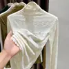 Blusa de encaje para mujer estilo coreano, con cuello medio alto suave y manga larga, para primavera, otoño e invierno, con bordes festoneados, estiliza la figura y es adecuada para usar en capas, creando un look atmosférico