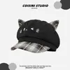 Gorra Octagonal de Estilo Japonés con Orejas de Gato a Cuadros Linda para Niñas, Cuadros Patchwork de Primavera y Otoño, Hace que la Cara Parezca Más Pequeña, Gorra de Boina Versátil