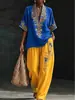 Conjunto de Calça Pantalona de Manga Curta com Decote em V e Look de Linho Estilo Europeu e Americano Novo 2026 para Mulheres, Conjunto Casual de Moda de Duas Peças para o Verão, Transfronteiriço