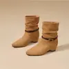 Botines de Tobillo con Hebilla Retro Tacón Grueso Estilo Maillard Arrugados Acumulados Botines de Tobillo Mujer 2026 Nueva Moda Tubo Corto Botas Vaqueras