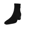 Botas Elásticas Finas com Floco para Mulheres Botas Individuais Outono Inverno Novo Bico Redondo Zíper Traseiro Salto Médio Bloco Estilo Coreano Botas Elásticas de Cano Curto Botas Femininas