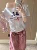 Top de playera de manga corta con estampado y hombros descubiertos, hombros inclinados, algodón puro, manga corta, ropa de verano para mujer, estilo coreano, casual