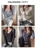 Camiseta Básica de Manga Larga de Color Sólido con Cuello en V para Mujer, Mezcla de Lana, Capa Interior, Ropa Exterior, Top Versátil para el Día a Día, Otoño/Invierno