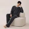 Algodón LyocellPijama para Hombre Primavera y Otoño Manga Larga Pantalón Largo Conjunto Casual Sencillo Se Puede Usar Fuera de Casa Ropa de Hogar Invierno