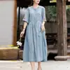 Vestido de Jacquard Bordado Estilo Chino Cuello en V para Mujer 2026 Verano Holgado Adelgazante Cintura Ceñida con Cinturón Elegante Falda Larga