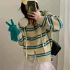 Cardigã de Tricô Listrado Retrô Coreano com Zíper Duplo 2026 Outono e Inverno Novo Versátil Color-Blocking Gola Redonda Jaqueta Suéter para Mulheres