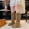 Botas de caballero retro con flecos estilo páramo para mujer, botas largas de otoño e invierno, nuevo modelo 2026, punta redonda, botas de plataforma adelgazantes y que realzan la altura, de moda