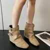 Botines estilo Martin cortos de cuero suave para mujer, con aumento interno de altura, hebilla de cinturón versátil, botas western plisadas F918-2