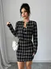Conjunto Xadrez Preto e Branco Estilo Chanel de Cruzamento de Fronteira Tk, Cintura Marcada Emagrecedor Elegante Estilo Socialite Hot Girl Conjunto de Duas Peças
