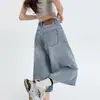 Calça jeans cropped feminina de cintura alta estilo retrô americano, perna larga, novo estilo verão 2026, solta e modeladora, calça reta lavada
