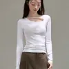 Camiseta Seductora de Eco-Seda de 260g con un Toque Sutil de Elegancia, Diseño Asimétrico con Escote Hueco para Mujer, Top de Manga Larga para Otoño