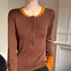 Nova blusa básica feminina de manga longa com color blocking, top de malha estilo vintage transfronteiriço, blusa básica azul, antiquado e estiloso
