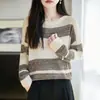 Suéter listrado estilo preguiçoso para mulheres, gola redonda, top de tricô com blocos de cor, caimento solto, efeito emagrecedor, manga longa, pode ser usado como camada externa ou camada base, top de outono e inverno
