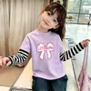 Camiseta Manga Longa Algodão Puro Falsa Duas Peças para Bebê Menina Outono 2026 Nova Camada de Base Infantil Listrada Patchwork Desenho Animado