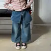 Calça Jeans Infantil Fuguo 2026 Primavera Nova Calça Comprida Reta Infantil Calça Casual Conjunto de Duas Peças para Meninas
