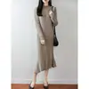 Vestido de Punto de Lana Pura 2026 Otoño/Invierno Nuevo Cuello Redondo Medio Alto Manga Larga para Mujer Dobladillo Retorcido Vestido Largo