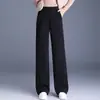 Calça feminina versátil de perna larga com cintura elástica elegante e estilosa, nova para o outono de 2026, calça casual reta drapeada de cintura alta elástica