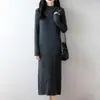 Vestido de punto de lana pura para mujer, nueva moda otoño e invierno, casual, adelgazante, de cuello alto, hasta la rodilla, vestido extralargo