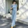 Conjunto Esportivo Casual Estilo Rua Salmão para Mulheres, Novo Estiloso de Verão Redutor de Idade Camiseta Azul de Manga Curta Calça Wide-Leg Conjunto de Duas Peças