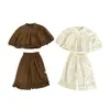 Conjunto Fashionável Estilo Coreano para Bebês Meninas, Blusa com Manga Bufante e Calça de Perna Larga, Conjunto Casual Retrô Infantil de Duas Peças