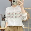 Estilo Algodão Retrô Artístico Dupla Camada Gaze de Algodão Gola Alta Primavera & Outono Camisa Base Bordada Artística Top Camisa de Manga Longa para Mulheres