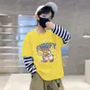 Camiseta de Manga Larga a Rayas con Cuello Redondo de Moda Estilo Coreano para Niños, Ropa de Primavera y Otoño, Niños Estampado de Dibujos Animados Capa Base Algodón Puro Fina