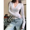 Camiseta Sexy de Manga Larga con Cuello Medio Abierto para Mujer, Estilo Nuevo Primavera y Otoño, Corte Ajustado, Color Rojo Ancora, Top Sencillo y Elegante