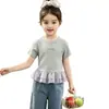 Camiseta de Manga Corta para Niña Ropa de Verano Camisa Base Elegante de Encaje Patchwork para Niños Top Casual de Bebé Niña Verano