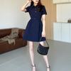 Vestido Estilo Lady Filha Francesa Azul Gola Polo Verão Pequeno Elegante Cintura Emagrecimento Look Saia A-Line